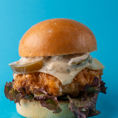 Spicy Crispy Chicken Slider - Chicken patty with white cheddar cheese, jalapeno slaw, honey mustard and sliced pickle.