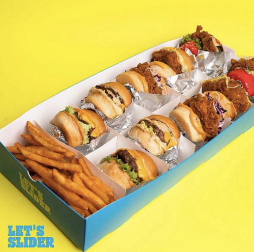 The Gathering Box - 10 sliders, 2 flame, 2 classic chicken, 2 hawaii, 2 class beef, 2 lets slider and fries