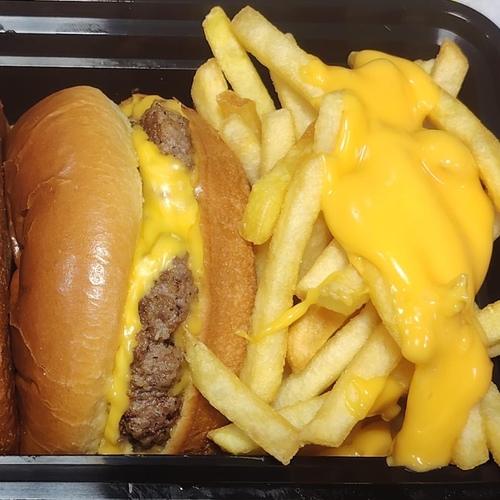 cheesy burger with fries