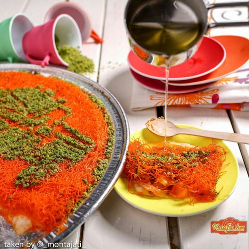 Ben Narin orang - Two layers of orange coarse kunafa 
 stuffed with cheese or cream or half cheese and half cream