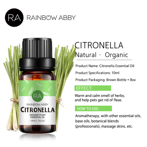 Organic Citronella Essential Oil - Perfumery Note: Top Aromatic Description: Sweet, floral, citrusy Blends With: Camphoraceous, citrus, floral, herby, minty, spicy and woodsy oils. Group: Citrus slows or prevents the growth or spread of harmful airborne bacteria, repels flying insects, uplifts negative moods, and relaxes the body and mind. It is reputed to reduce muscles spasms, ease headaches, and boost energy.Notes: RAINBOW ABBY essential oils are for external use only and this product should not be used undiluted.