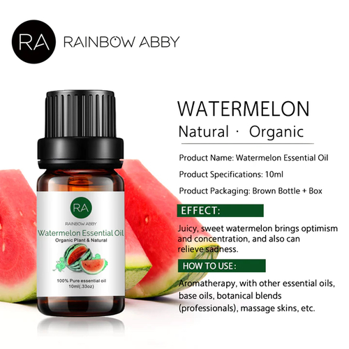 Organic Watermelon seed Essential Oil - Perfumery Note: Top Aromatic Description: Sweet, refreshing Blends With: watermelon goes very well with citrus notes (bergamot, clementine, lemon, mandarin, and grapefruit), fruity notes (green apple, peach, pineapple, red berries, red currant, coconut, pomegranate, kiwi, raspberry, passiflora, and pear), herbs and spices (coriander, basil, bamboo, tea leaves, cardamom, pink pepper, rhubarb, cinnamon, and mint). Group: fruits has a refreshing and calming scent. When applied on skin, it has the ability to hydrate skin and make skin less oil. It could also ease skin irritation. The calming scent is able to soothe anxiety and boost mood.Notes: RAINBOW ABBY essential oils are for external use only and this product should not be used undiluted.