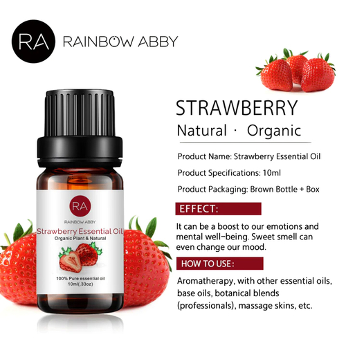 Organic Strawberry Essential Oil - Perfumery Note: Top Aromatic Description: sweet fruity. Blends With: Produce: apples, bananas, blackberries, blueberries, ginger, kiwi, lemon, limes, mango, melon, nectarines and peaches, oranges, pears, pineapple, raspberries, rhubarb, lettuce and spinach, watermelon Herbs & Spices: basil, mint, cinnamon, vanilla, cardamom, and chili Dairy: ice cream, cream cheese, sour cream, crème fraiche, cream, milk, whipped cream, and soft and mild cheeses Other: dark chocolate, milk chocolate, sugar, graham crackers, grand mariner, rum, custard, champagne, almonds, hazelnuts, pecans, pistachios, cashews, oats, red and white wine, balsamic vinegar and honey Group: fruits