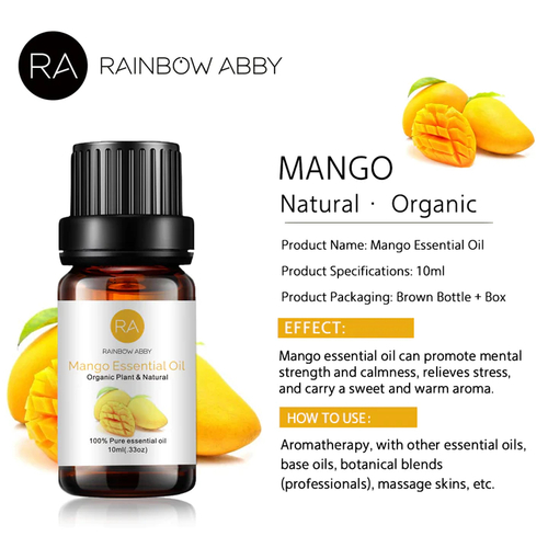 Organic Manogo Essential Oil - This enjoyable fresh mango Essential oil emits a relaxing and calming effect that soothes the body and eases. Skin benefits: Mango Essential oil is commonly used in lotions due to its superior moisturizing and skin-softening properties. Mango oil also helps exfoliate your skin, unclog pores.Notes: RAINBOW ABBY essential oils are for external use only and this product should not be used undiluted.