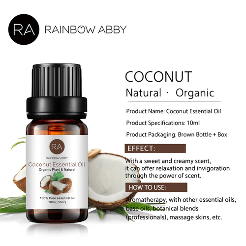 Organic Coconut Essential Oil - If you're not into eating coconut raw, using the aroma of the oil helps ease stress and can make relaxation at the end of the day all that easier. Notes: RAINBOW ABBY essential oils are for external use only and this product should not be used undiluted.