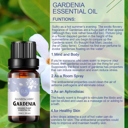 Organic Gardenia Essential Oil - enhances your mood, decreases anxiety as well as causes relaxation.  Notes: RAINBOW ABBY essential oils are for external use only and this product should not be used undiluted.