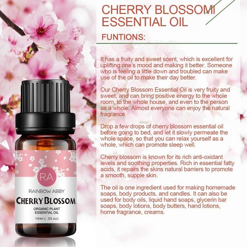 Organic Cherry Blossom Essential Oil - provides aromatic benefits focused on revitalising, calming and restoring skin. Japanese cherry blossom is highly prised for its high content of antioxidants and essential fatty acids. It is also moisturising and nourishing. As for aromatherapy, Cherry blossoms can offer myriad benefits for your stresses. This powerful essential oil can be diluted with carrier oils and used as a topical application or a relaxing Ayurvedic massage.  Add few drops of oil to potpourris, vaporizers, candles, or diffusers for combating germs in the air and protecting the environment naturally. It can also be added to your bathtub for an aromatic, healing, stimulating, and energizing bath.