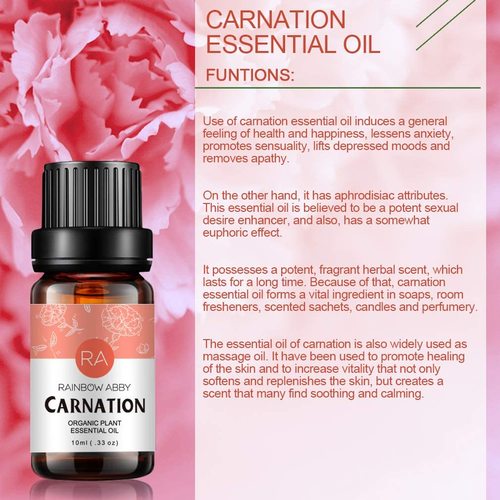 Organic Carnation Essential Oil - a natural anti-depressant and has been shown to produce a calming and uplifting effect on anxiety and stabilizing harmonious mood. It is used extensively in aromatherapy and works as a natural sleep aid.  Inhaling essential oils stimulates the olfactory system, the part of the brain connected to smell, including the nose and the brain. Notes: RAINBOW ABBY essential oils are for external use only and this product should not be used undiluted.