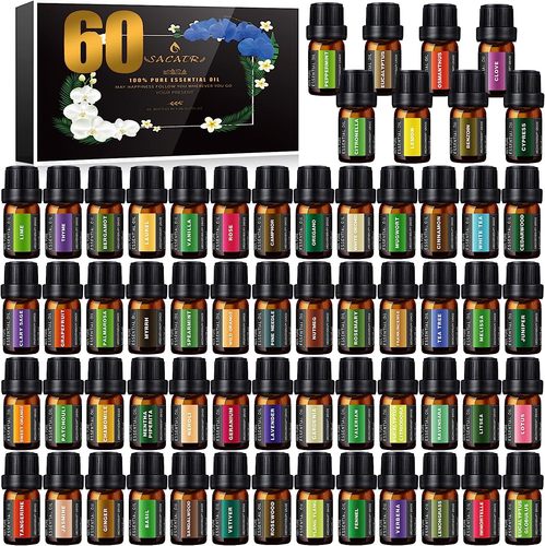 Sacatr 60 essential oil set - Premium Essential Oils Set -100% Natural Essential Oils-Perfect for Diffuser, Humidifier,Aromatherapy, Massage,Soap, Candle and Bath Bombs Making, 60x5 ML