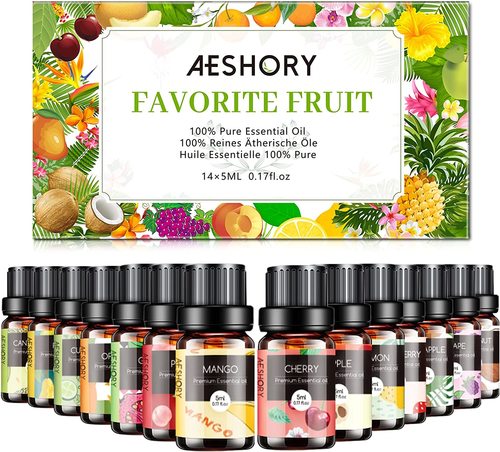 AESHORY Fruity Essential Oils Set - TOP 14 - Fruity Essential Oils Set - TOP 14 Fragrance Oil for Diffusers, Candle Making Includes Strawberry, Apple, Pineapple, Cucumber Melon, Cherry, Mango, Lemon, and Orange Scented Aromatherapy Oils (5ml)