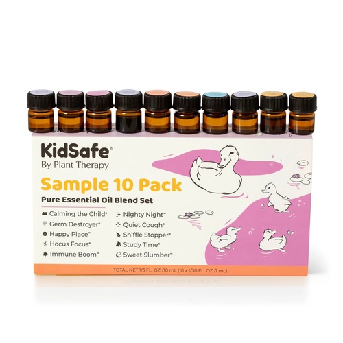 KidSafe Blends Sample 10 Pack - Find your favorite blend with 1 mL sample sizes Great way to try before buying larger sizes Covers a wide variety of concernsThis set provides samples for the following concerns: sleep (Nighty Night & Sweet Slumber), emotional well-being (Calming the Child & Happy Place), focus (Study Time & Hocus Focus), immunity (Germ Destroyer & Immune Boom), and seasonal concerns (Sniffle Stopper & Quiet Cough). Find your favorite and feel confident in your next KidSafe blend purchase after giving this sample pack a try.