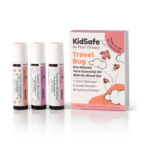 KidSafe Travel Bug Roll-On Set - Pre-diluted roll-ons are ready to use Tackle travel-related tummy troubles Naturally supports overall wellnessGerm Destroyer Pre-Diluted Blend: Help safeguard your children from seasonal threats with Germ Destroyer. Just as effective as Germ Fighter, our blend is a great companion for kids to help stay healthy during the winter months and keep their bodies in defense mode. 
 Sweet Slumber Pre-Diluted Blend: Our Sweet Slumber Set is designed to have everything your kiddos will need to help calm and relax the body and mind for a good night’s sleep. Whether you are at home or on the road, this set makes a wonderful addition to your child’s nighttime routine. 
 Tummy All Better Pre-Diluted Blend: The perfect choice for upset tummies. The aroma of Dill plus subtle floral hints instantly help to soothe an upset stomach.