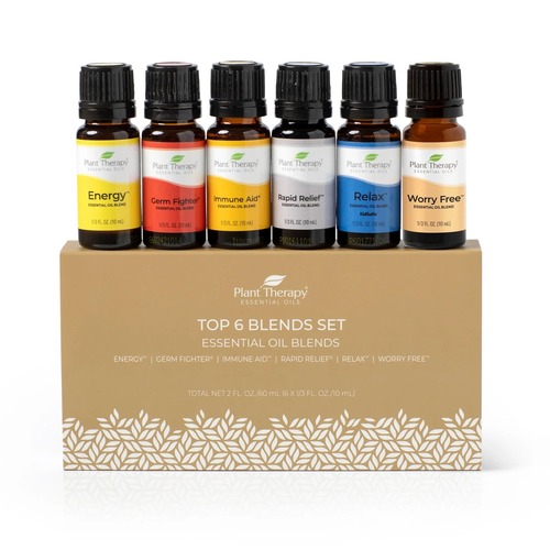 Top 6 Blends Set - Popular blends that cover a variety of needs Tackle stress & wellness concerns Mentally uplifting & energizing oils includedOur top blends are featured in our Top 6 Blends Set. Most popular for a reason, these pure essential oil blends get the job done while smelling amazing. Whether you are looking for a blend to help lessen your worries, to give you that extra boost of energy or to help strengthen your immune system, our Top 6 Blends Set is the perfect set for you! It is also a perfect gift set for anyone who loves essential oils or is just getting started.