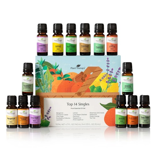 Al Safaa Pure - Top 14 Singles Set - Huge selection of oils cover a variety of needs Tackle sleep & wellness concerns Mentally uplifting & energizing oils includedPlant Therapy’s Top 14 Singles Set is made with 100% pure, undiluted essential oils. The Top 14 Singles Set is perfect for the essential oil newbie, as a gift, or to restock your essential oil supply. Whether you are looking for an oil that will support a healthy immune system, help you unwind after a chaotic day, relieve neck or head tension, or uplift your mood after a long day, this is the perfect set for you. The Top 14 Singles Set contains 10 mL each of Bergamot, Lime Steam Distilled, Cinnamon Cassia, Peppermint, Pink Grapefruit, Lavender, Lemon, Spearmint, Clary Sage, Patchouli, Eucalyptus Globulus, Rosemary 1,8-Cineole, Sweet Orange, and Tea Tree.