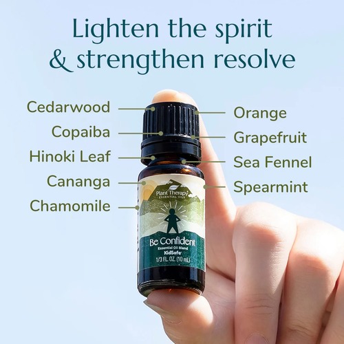 Be Confident Essential Oil Blend - Supports feelings of confidence Encourages positive self-esteem Calms nervous tensionBe Confident has a pleasantly crisp, fresh, herbaceous aroma designed to lighten the spirit and strengthen resolve. With uplifting and mood-boosting oils like Orange, Grapefruit, Sea Fennel, and Spearmint, the dark clouds of doubt and fear can open up to the bright, clear skies of endless possibilities! Grounding oils of Cedarwood, Copaiba, and multiple varieties of Frankincense help to recenter and focus on goals to empower a sense of self-sufficiency. Scots Pine is well-known for its self-esteem boosting qualities, helping you to move forward while letting go of feelings of inadequacy. Finally, the deeply calming properties of Hinoki Leaf, Cananga, and Chamomile can help release feelings of nervous tension that may hold you back from meeting new people and trying new things. A great choice for kids and adults alike, let this blend help bring out your confidence!