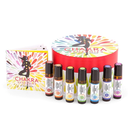 Chakra Blends Roll-On Set - Unique blends to support each chakra Great for yoga & meditation practicesPlant Therapy has created a special line to help balance the 7 major chakras of your natural energy system via our Chakras Set. Chakras are subtle energy centers that intersect with our mind, body, and spirit. These chakras are located along our spine in ascending order from base to crown. When our chakras are in balance our natural energy flows smoothly creating a sense of overall well-being. Use these essential oil blends when you want to incorporate self-balancing rituals into your self-care routine. These blends were created with the intention to support balance in each of the individual chakras while providing a gently inviting and accessible experience. We recommend you use these blends at much less intensity than used for the mind and body in order to resonate, rather than overwhelm, the subtle nature of our energy. The Chakra Set includes a 10 mL bottle of each of the 7 chakra blends. The set is packaged in a round box that includes a booklet with detailed information on each of the blends. Each one targets a different energy area and has a variety of aromas and can be used by inhalation or topical application. The 7 chakras are Root, Sacral, Solar Plexus, Heart, Throat, Brow/Third Eye, and Crown.