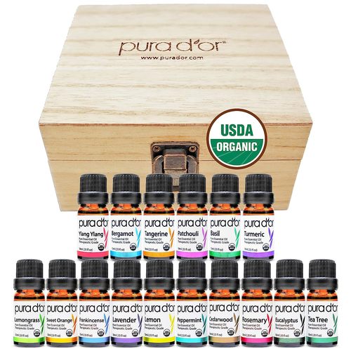 PURA D'OR 16 Organic Essential Oils - PURA D'OR Organic Essential Oils Set of 16 10ml Sweet16 Wood Box Gift Set, 100% Pure Therapeutic Grade Aromatherapy for Home Diffusers (Lavender, Tea Tree, Eucalyptus, Lemon, Cedarwood, Ylang Ylang) All 100% Pure USDA Certified Organic 16 PC Set of 10ML each including Tea Tree, Lemon, Lavender, Sweet Orange, Rosemary, Lemongrass, Frankincense, Peppermint, Eucalyptus, Cedwarwood, Turmeric, Basil, Bergamot, Patchouli, Tangerine, Ylang Ylang. These oils come in an artisan wooden box, designed for sleek storage.