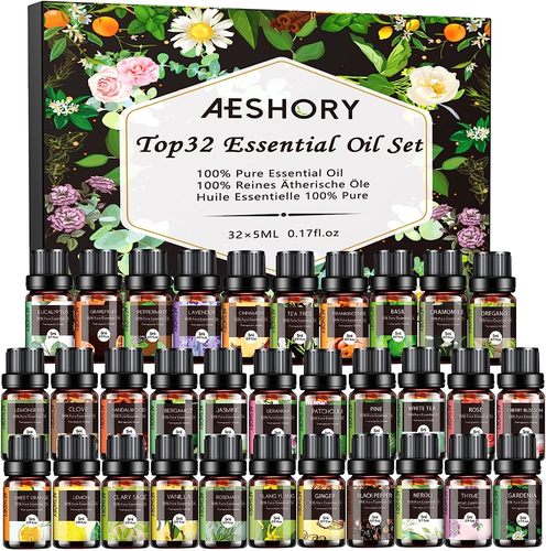 Aeshory top 32 essential oil set - Essential Oils Set - 32x5ml Pure Aromatherapy Essential Oils Kit for Diffuser, Humidifier, Aromatherapy, Massage, Skin & Hair Care - Lavender, Tea Tree, Eucalyptus, Sandalwood, Peppermint, Rosemary No Additives,  Our premium essential oils are highly concentrated liquid derived from plants' flowers, leaves or other parts; which will provide you with a pure and pleasant aroma. The scents of essential oils are extremely rich, complex and long lasting. Our essential oils are suitable for anything that you want to add scents to, like candle/soap making or to enhance shampoos, lotions, creams, bath bombs and etc. The scents are extremely rich, complex and long-lasting.