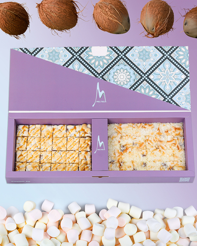 Melties White Mix - 48 pieces of fun mix between Marshmallows & Coconuts infused with luxury Belgian chocolate and crunchy biscuit base