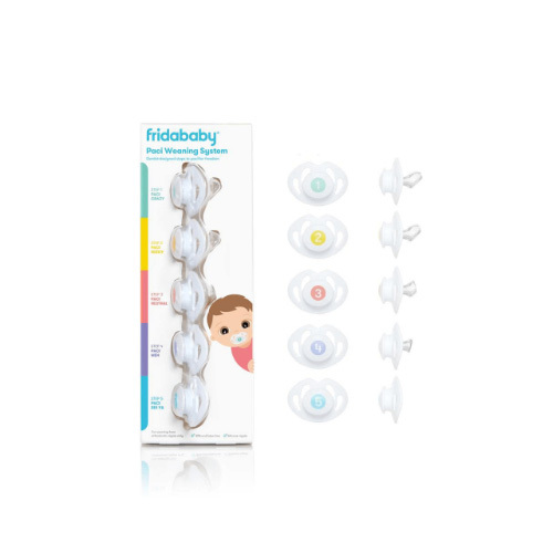 FridaBaby - Paci Weaning System - PATENTED 5 STEP SYSTEM: Gradually reduces sucking satisfaction to wean from orthodontic nipple. DENTIST DESIGNED: Invented by a pediatric dentist. BOOT THE BINKY: Golden ticket for kiddos between 6-18 months. Beyond that, the harder it gets. BPA-FREE: Latex-free and BPA-free. Silicone nipples. WHATS INSIDE: 5 orthodontic-shaped dentist-designed pacifiers that get shorter with each step.