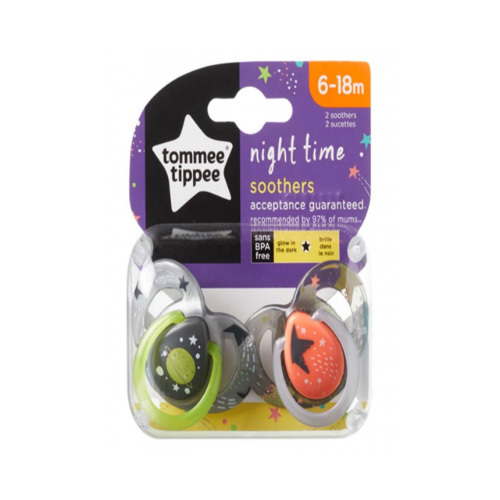 Tommee Tippee Night Time Soother x2, (6-18m) - Grey - traditional shield style with modern but understated designs Mums know theres nothing more wonderful than a calm, content baby so weve developed a new range of soothers that are approved by babies. Our symmetrical orthodontic nipple has been specially designed to help optimise baby acceptance and in independent tests more babies accepted these new soothersfirst time.* *68% of babies accepted this new style soother first time, compared to just 43% for the old style closer to nature design in an independent product trials conducted by Swift research, February 2013 with 112 UK mothers and babies. Features: Specially designed to gently expand across the roof of the mouth to support the natural shape of the palate and promote safe and healthy oral development Designed by a leading paediatric dentist Truly orthodontic silicone teat for natural fit Promote safe and healthy oral development