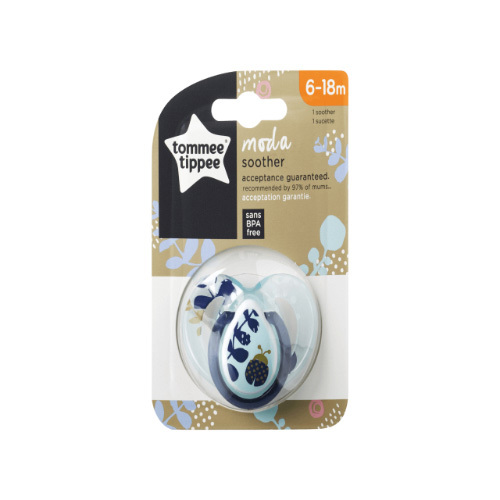 Tommee Tippee MODA Soother - Blue - 6-18 Months - The MODA soother collection from Tommee Tippee has been designed to make your baby stand out from the crowd. The collection features fashion forward designs for those who think life is one long runway and that you have big dreams for baby. The nipple on the MODA soother features a symmetrical orthodontic nipple which has been specially designed to help optimize baby acceptance and in independent tests more babies accepted these soothers first time.* So when you need to turn screams and sobs into smiles and sleep, simply pick up a Tommee Tippee Closer to Nature soother.