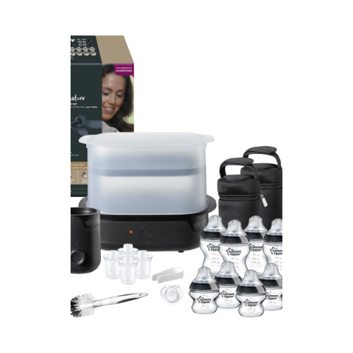 Tommee Tippee Closer to Nature Complete Feeding Kit - Black - Feeding Set Contains: 4 x 150ml bottles 4 x 260ml bottles 4 x milk powder dispensers 2 x insulated bottle bags 1 x advanced electric steam sterilizer 1 x bottle and food warmer 1 x soother 1 x bottle and teat brush 1 x teat tongs