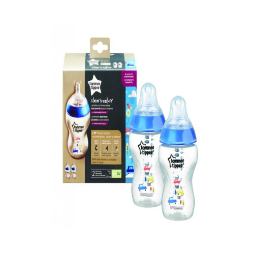 Tommee Tippee - Closer to Nature , 260ml X2 - Blue - Unique, easy-latch-on teat shape Super-sensitive valve Soft, natural-feel silicone teat Easy-hold bottle with slow-flow teat BPA-free