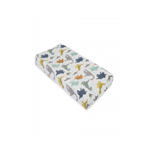 Little Unicorn - Cotton Muslin Changing Pad Cover - Dino Friends - As soft as a baby's bottom but easier to clean! Designed in our signature prints to match your crib sheets, bibs, and modern nursery. Features an elastic edge for a snug fit and stitched holes for security straps. PRODUCT DETAILS 100% cotton muslin Fits standard size changing pad: 16