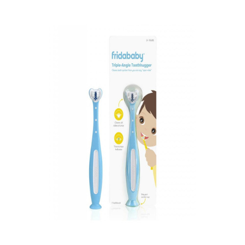 Frida Baby - SmileFrida ToothHugger Kids Toothbrush - Blue - TRIPLE-ANGLE BRUSH HEAD. This kid's toothbrush attacks plaque fast by hugging teeth and cleaning all sides at once. DENTIST RECOMMENDED. Unique triple-angle brush head cleans front, back and biting surfaces all at once for the perfect 360 toothbrush. LEARN TO BRUSH: This toddler toothbrush is a great learning toothbrush for your little one. It is not a teething toothbrush. CLEAN ALL SIDES: Compact, angled children's toothbrush cleans the teeth and gum lines quickly. SOFT AND ERGONOMIC: Soft, rounded bristles on this toothbrush for kids are gentle on your little one's teeth and gums.