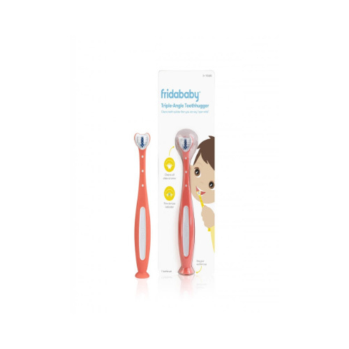 Frida Baby - SmileFrida ToothHugger Kids Toothbrush - Pink - TRIPLE-ANGLE BRUSH HEAD. This kid's toothbrush attacks plaque fast by hugging teeth and cleaning all sides at once. DENTIST RECOMMENDED. Unique triple-angle brush head cleans front, back and biting surfaces all at once for the perfect 360 toothbrush. LEARN TO BRUSH: This toddler toothbrush is a great learning toothbrush for your little one. It is not a teething toothbrush. CLEAN ALL SIDES: Compact, angled children's toothbrush cleans the teeth and gum lines quickly. SOFT AND ERGONOMIC: Soft, rounded bristles on this toothbrush for kids are gentle on your little one's teeth and gums.