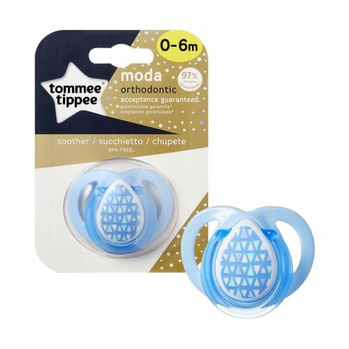 Tommee Tippee MODA Soother - Blue - 0-6 Months - The MODA soother collection from Tommee Tippee has been designed to make your baby stand out from the crowd. The collection features fashion forward designs for those who think life is one long runway and that you have big dreams for baby. The nipple on the MODA soother features a symmetrical orthodontic nipple which has been specially designed to help optimize baby acceptance and in independent tests more babies accepted these soothers first time.* So when you need to turn screams and sobs into smiles and sleep, simply pick up a Tommee Tippee Closer to Nature soother.