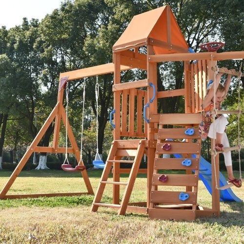 PL627/swing and slide set - Swing and slide set for kids with climbing hanging ladder. Size: 377x337x267cm