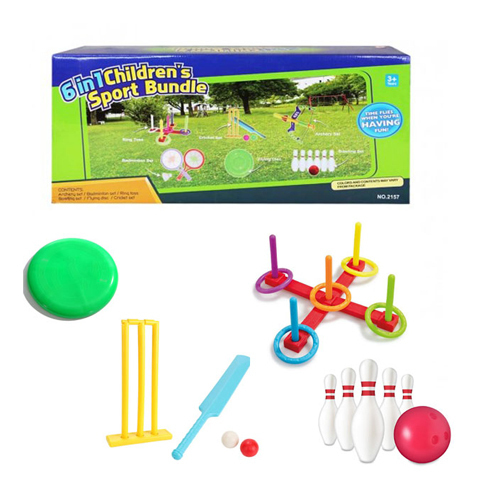 2157/6 in 1 Games - Sports Bundle- Ring toss - cricket set - archery set - badminton set - flying disc - bowling set Age: +3 years