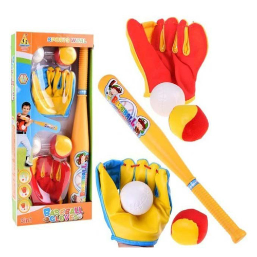 Happy Kids  - JB6090B/BASEBALL kit - The set includes: - a stick made of plastic, - 2 gloves, - 2 soft, sponge-filled balls, - 2 white plastic balls.  Size- stick length approx. 54 cm - gloves 15 cm x 15 cm - diameter of a white ball approx. 6 cm - diameter of a colored ball approx. 6.5 cm