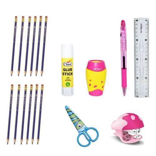 Stationery Set - Stationery Set Includes pencil case , pen , mini stapler  (with staples) , pencil pack (includes 12 pencils) , one scissors , 1 scale , 1 glue and 1 sharpner