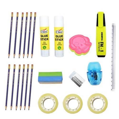 170102/Stationery Set - Stationery Set Includes highlighter , 3 erasers, 1 scale ,  2  glue and 1 sharpner , pencil pack  (includes 12 pencils) and 3 tapes