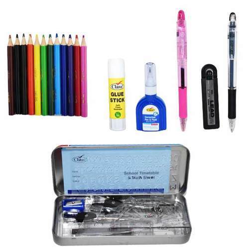 170103/Stationery Set - Stationery Set Includes pencil case , mini 12 colors , 1 glue ,  1 compass set , 1 correction pen , 1 pen pencil  with 0.5 leads and one pen