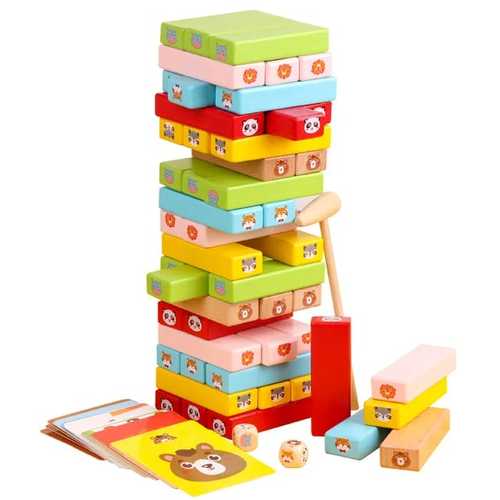 ANIMAL STACKING GAME/VS0434 - 51 PCS WOODEN MONTESSORI BUILDING BLOCKS DOMINO TOYS COLORFUL BEECH WOOD ANIMAL TOWER STACKING HIGH GAME LEARNING KIDS TOYS FOR 36 MONTHS+ AGES