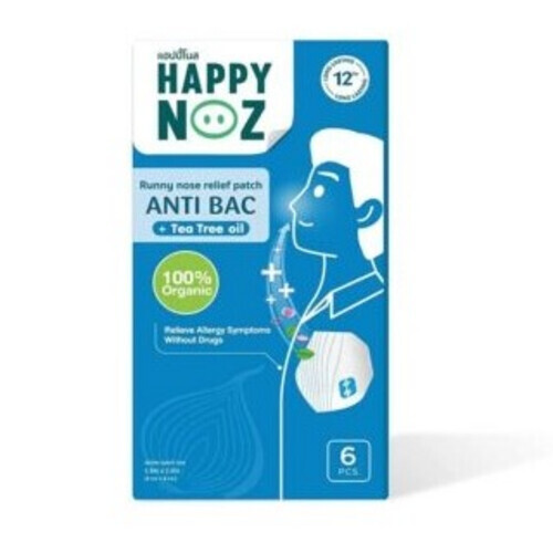 HAPPY NOZ ANTI BAC FOR ADULT - Runny Nose Relief Patch: Designed to relieve fever and coughs without drugs, 100% organic. These patches expand the airways, and improve breathing comfort.Reduce the growth of bacteria.Suitable for the people with yellow snot.Ready to use without any tools needed.Easy to use, Stick on your clothes, fan, or air conditioner.Includes 6 sticker patches 4x4cm in size each.100% organic and natural.12hr long lasting.Mildly scented.