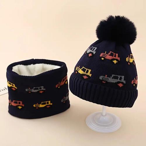 KNIT HAT & SCARF-2518206486 - 2PCS SET KIDS CARTOON CAR JACQUARD KNIT HAT AND SCARF,WINTER WARMTH FOR BOYS.ACRYLIC POM BEANIE WITH INTEGRATED NECK WARMER FOR 3-8 YEARS OF AGE