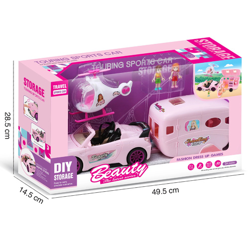 Sports Car-VS0488 - High quality girls gift Pink car with travelling carriage with light and music furniture set with two mini dolls for girls. For 3+ ages