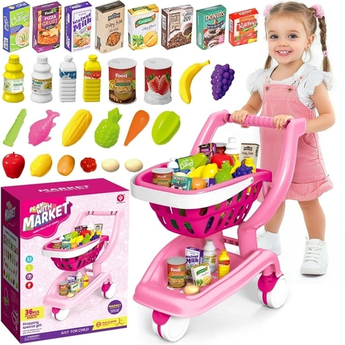 SHOPPING CART-VS2400 - Shopping Cart,36Pcs Trolley Play Set with Pretend Food Fruits Vegetables and Accessories,Toddler Shopping Cart Age 3-5 Years Old,Preschool Toys for Birthday