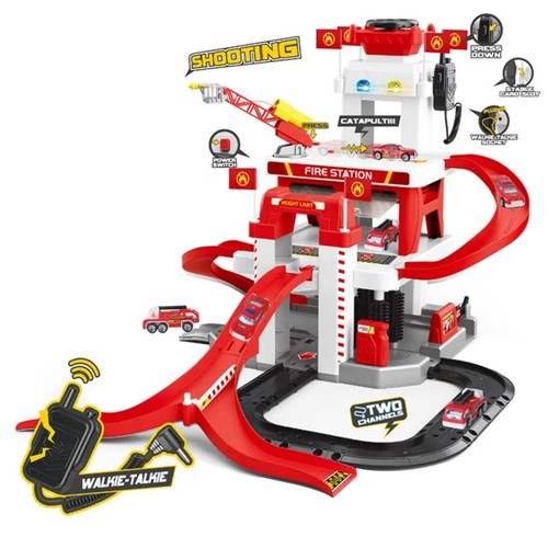 PARKING LOT-VS2221 - FULLY INTERACTIVE FIRE STATION PLAYSET FOR KIDS! INCLUDES METAL CARS, A HELICOPTER, A MOVING ELEVATOR, A WATER CANNON, REALISTIC LIGHTS AND SOUNDS, AND A WALKIE-TALKIE FEATURE. PERFECT FOR BOOSTING IMAGINATION ,ENCOURAGING GROUP PLAY ,AND SPARKLING ADVENTUROUS FUN! FOR 3+ AGES