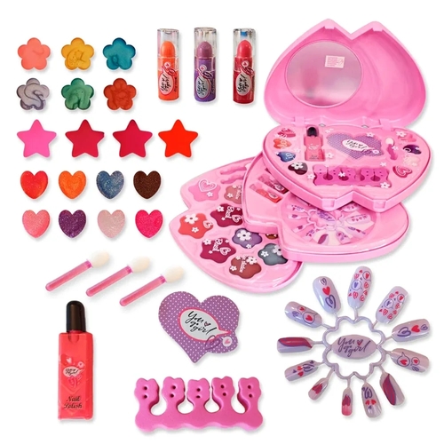 MAKEUP SET/MBK-329 - Makeup Set for Girls and Boys – Heart Shaped Case – Includes Shadow, Blush, Shine, Nail Polish and Mirror – Ages 5+