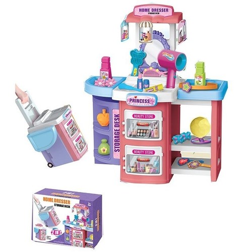 2IN1 DRESSING TABLE-VS2135 - Basmah dressing table set that will love your kids. Having very own sounds and lights dressing table for playing dress-up will surely bring fun and excitement to your little princess. They can get ready with pretend accessories which includes kids cosmetics, hair accessories, hair brush, dresser table with mirror, stool and working hair dryer.