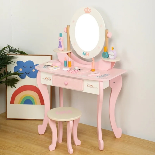 VANITY MAKEUP-U102 - The Little Angel Kids Wooden Vanity Set With Stool Toy For Girls is a beautiful vintage design. It features a mirror on a dressing table with a drawer in sturdy wood and comes with a stool. It has cute and colourful accessories like makeup brushes, lipsticks, tube, bottles, comb, etc,. A lovely fun activity toy playset for parents with their children or even siblings to play with. A wonderfully great gift for your little princess.
For 36m+