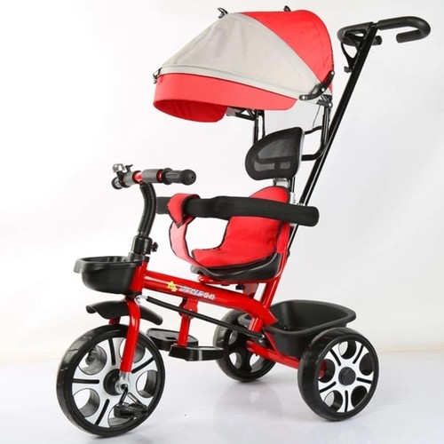 KIDS TRICYCLE/JH-2015 - The image shows a children's tricycle with a parent push handle and a canopy. These types of tricycles are often designed to grow with a child, functioning as a stroller for toddlers and later as a stand-alone tricycle. 
Age Range: Typically suitable for children aged 1 to 6 years old, with some models being specifically for toddlers. 
Features: Many models include a detachable canopy, adjustable seat and handlebar, footrests, and a removable parent push handle for steering. 
Materials: Common materials include steel, aluminum alloy, and plastic. 
Design: The design often allows for multiple configurations, such as a stroller, a push trike, and a classic tricycle.