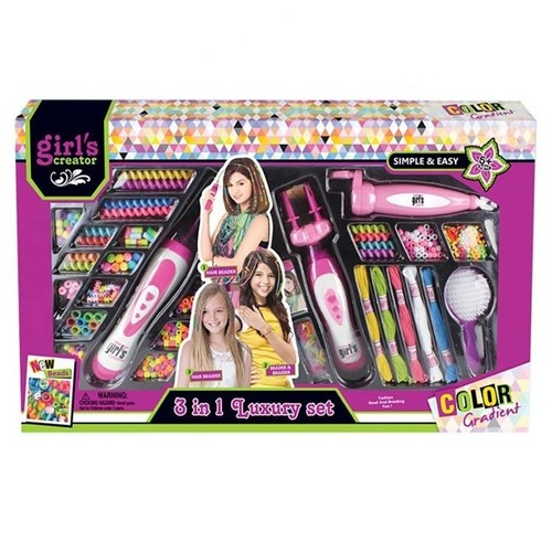 LUXURY HAIR FASHION/MBK-218 - The set includes 3 hair styling tools: a braider, a beading tool, and a braid. It also includes a wide range of accessories, including beads, rubber bands, cotton, and a hairbrush. - The control is so easy that even children can use it. - The hair braiding set allows you to create unique hairstyles quickly and easily. - The braider operates on two AA batteries, which are not included. - Package dimensions: 66 x 7 x 40 cm. - Suitable for children 5 years and older.