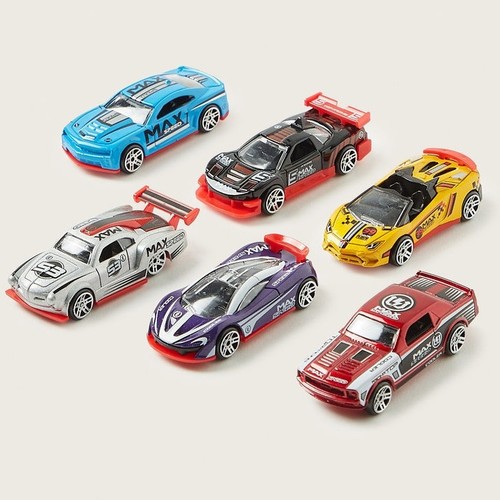 DIE-CAST CAR-VS2367 - A set of 6 springs is the perfect toy for every child who is fascinated by cars and racing. Metal sports cars in various colors and with unique graphics, packed in a box with a road motif.